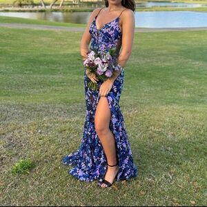 Ellie Wilde Blue and Purple Floral Prom Dress